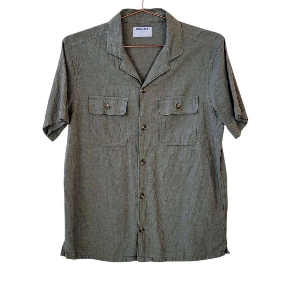 OLD NAVY S Olive Green Linen Blend Short Sleeve Utility Pocket Camp Shirt Men
